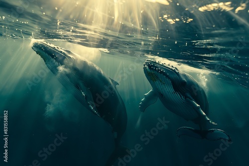 A close-up of two whales communicating through underwater vocalizations, sending sound waves rippling through the water. © Ghulam