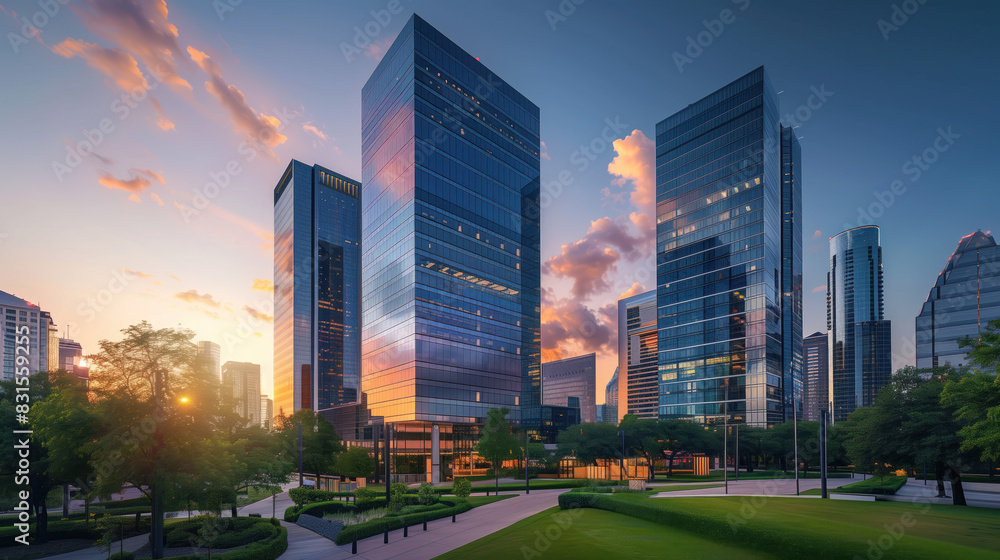 Fototapeta premium Urban cityscape with skyscrapers and sunset light