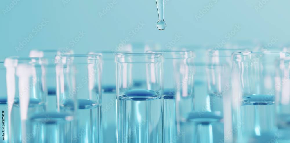 The background is light blue, the foreground has many test tubes with clear liquid in them and one dropper dripping into them, which can be used for medical or scientific research The background is light blue, the foreground has many test tubes with clear liquid in them and one dropper dripping into them, which can be used for medical or scientific research