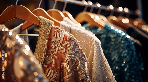 Luxurious evening dresses in sequins on hangers in the fitting room.