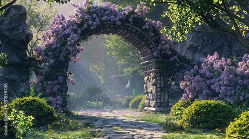 Fairytale garden with stone arch and lilacs. Fantasy landscape, lilac bushes, stone arch, portal, entrance, unreal world. photo