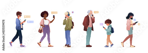 Diverse people of different ages and ethnicities using smartphone, surfing internet, chatting. Men, women, kids, young adults and elderly man holding gadgets. isolates vector illustrations on white.