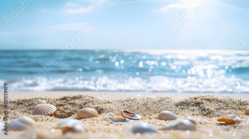 Close up sand with blurred sea sky background, summer day, copy space or for product. Summer background concept. 