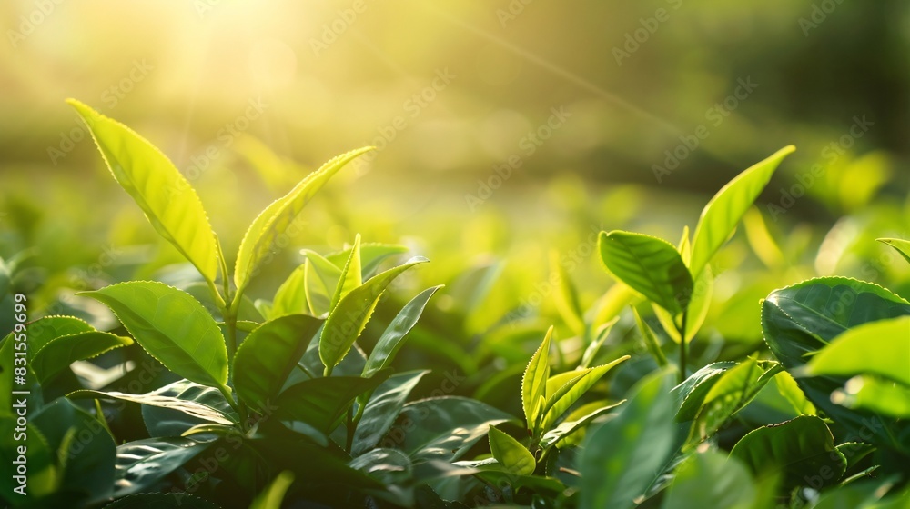 Green tea leaves on a tea plantation, natural landscape, Close-up background Green tea leaves on a tea plantation, natural landscape, Close-up background