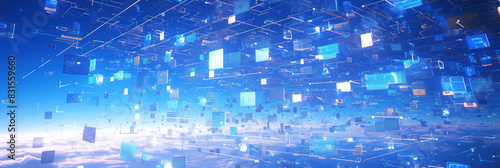 Digital data network on a blue background, holographic data network