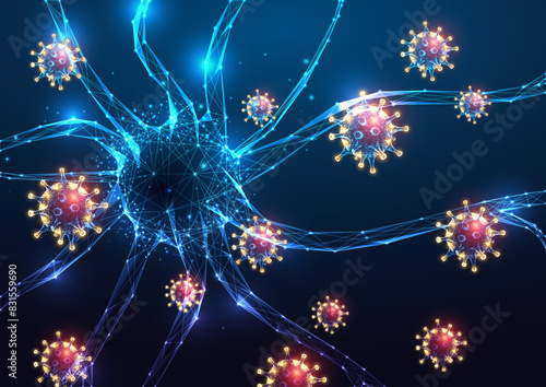 Neurologic disease, neuroinfections futuristic concept with neurons and viruses on blue background photo