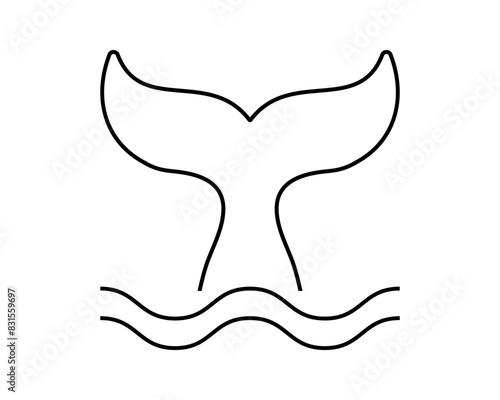 Whale tail icon with wavy lines. Silhouette of cetacean animal diving in sea isolated on white background. Dolphin, orca, beluga or another marine mammal symbol. Vector outline illustration.