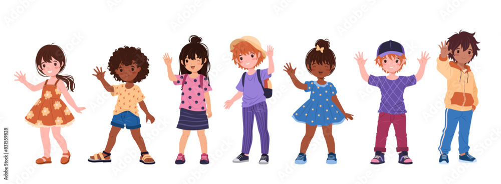 Collection of multiracial kids in various casual clothes. Cute children ...