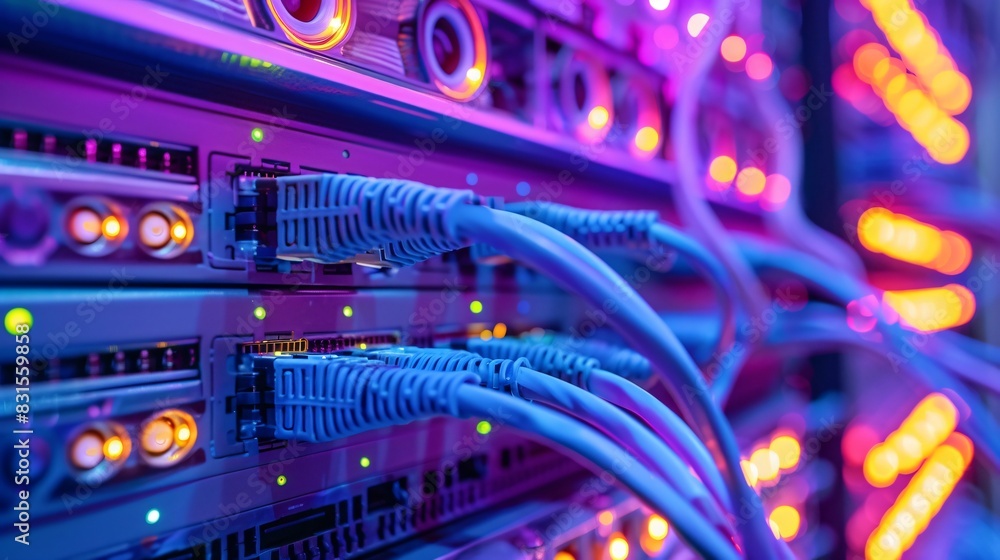 Network Switch and Ethernet Cables in Data Center, Close-Up, server room Network Switch and Ethernet Cables in Data Center, Close-Up, server room