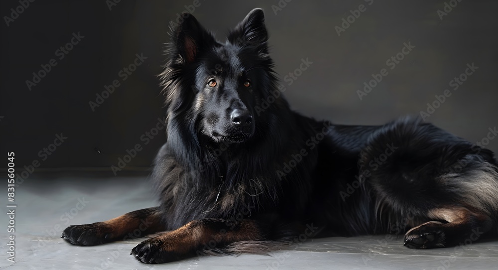 Black Belgian sheepdog on grey background. Black Belgian sheepdog on grey background.