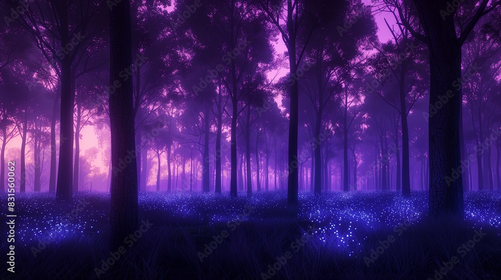 A twilight forest where trees glimmer with lavender bioluminescence, merging with fading daylight. Mesmerizing. A twilight forest where trees glimmer with lavender bioluminescence, merging with fading daylight. Mesmerizing.