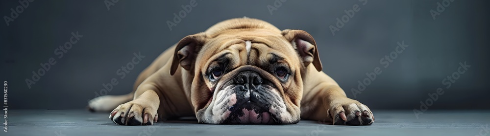French bulldog lying on the floor on a simple background.