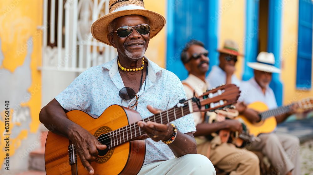 Obraz premium Four musicians play guitars and a conga drum, serenading the streets with vibrant music, reflecting their cultural heritage - Generative AI