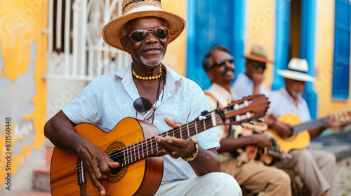 Four musicians play guitars and a conga drum, serenading the streets with vibrant music, reflecting their cultural heritage - Generative AI