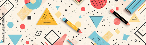 modern and minimalistic education background forming abstract shapes of school supplies