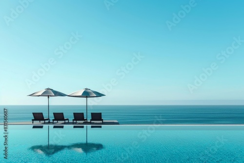 Swimming pool with chairs and umbrellas by the ocean for coastal relaxation © Александр Раптовый