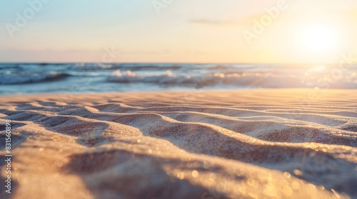 Close up sand with blurred sea sky background  summer day  copy space or for product. Summer background concept. 