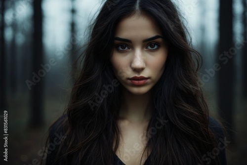 Young brunette girl with long dark hair, model appearance. Blurred background. Looking into the camera. Poster, banner, background,