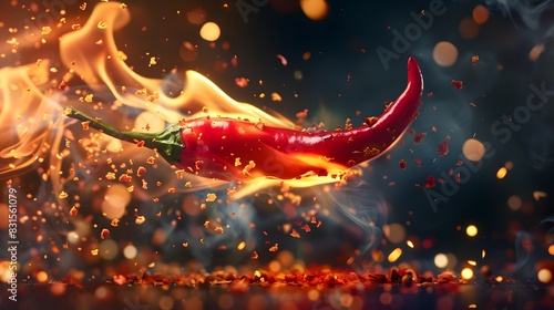 A close-up capture of a fiery red chili pepper with flames dancing along its edges.