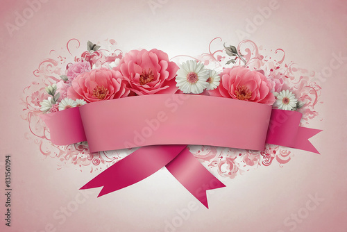 pink rose with ribbon copy space for text, gift card