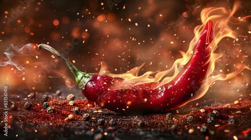 A close-up capture of a fiery red chili pepper with flames dancing along its edges. photo