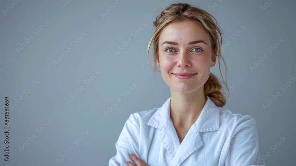 Portrait of a Smiling Nurse with Crossed Arms, Grey Background