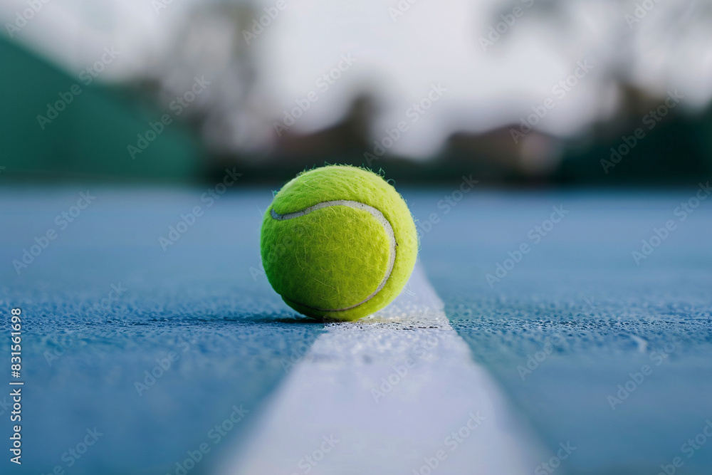 Vivid image of a tennis ball perfectly resting on the white boundary line of a blue court