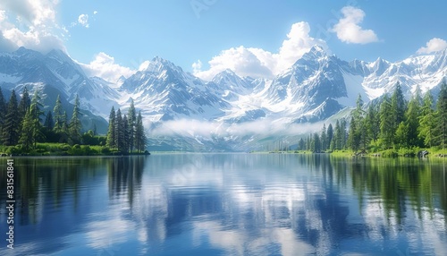 Crystalclear lake reflecting majestic snowcapped mountains, surrounded by lush evergreen forests, under a serene blue sky