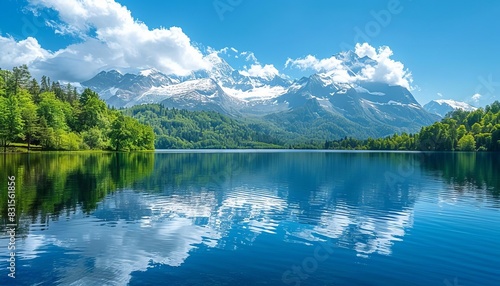 Crystalclear lake reflecting majestic snowcapped mountains  surrounded by lush evergreen forests  under a serene blue sky