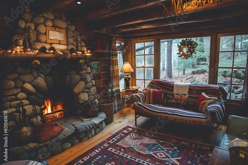 A cozy cabin interior with a stone fireplace and wooden beams. photo