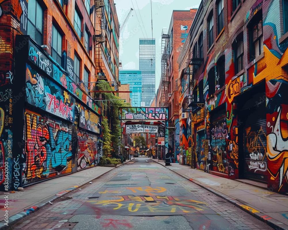 Dynamic graffiti wall in an urban alley, featuring a mix of murals, stencils, and spraypainted artwork, showcasing raw artistic expression