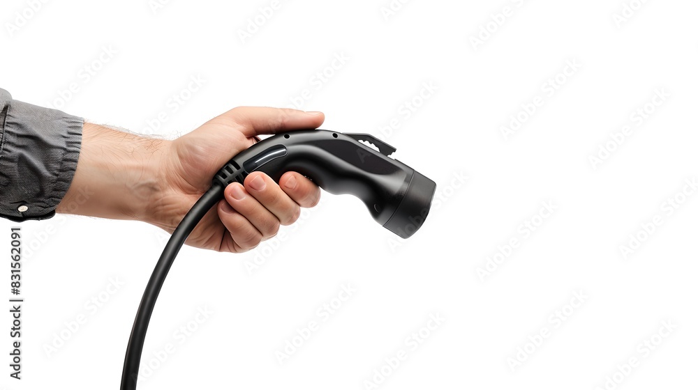 Concept of charging electric vehicles. Hand holding a black EV charger. Isolated on white background. Clean energy and technology focus. AI