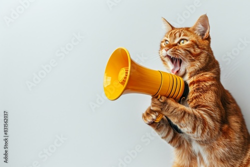 Funny red cat with yellow loudspeaker screams, creative business management concept