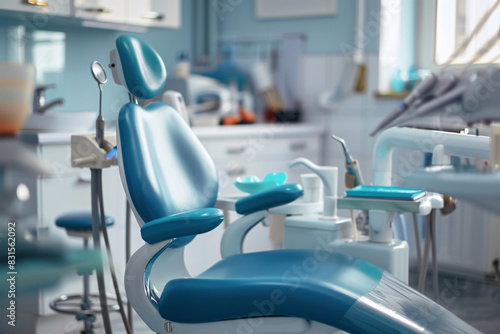 Bright dental office with chair and tools, focused on oral care
