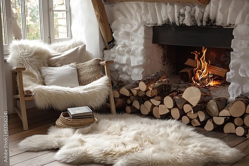 A cozy fireside seating area with a faux fur rug and a stack of logs.