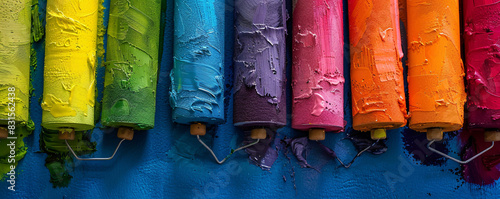 Vibrant paint rollers with dripping colors on a striking blue background