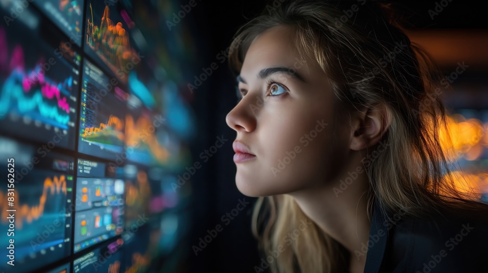 Woman Analyzing Data on Multiple Screens Woman Analyzing Data on Multiple Screens