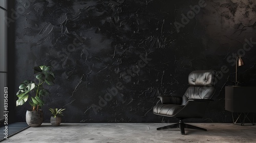Dark black marble wall background with black leather armchair and potted plant on the floor