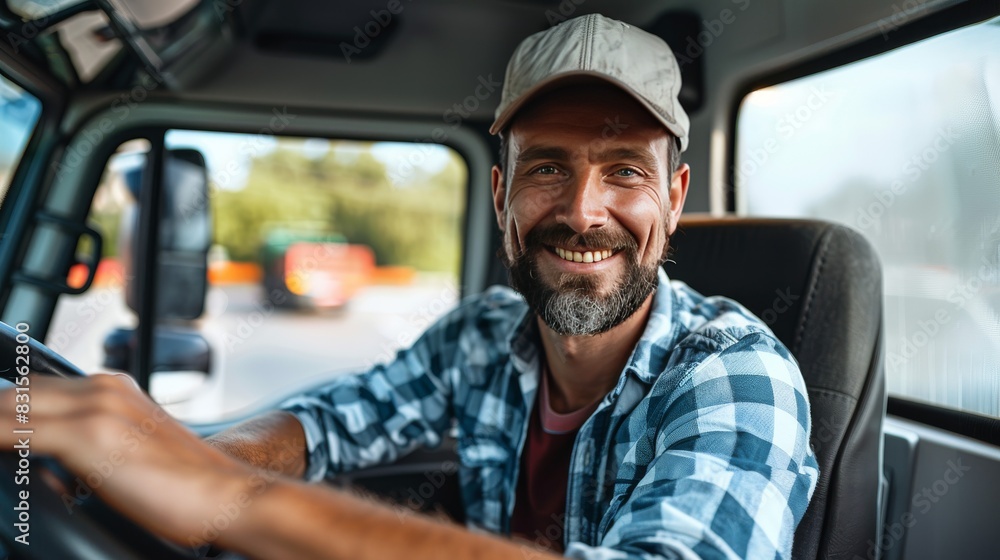 Smiling Truck Driver in Cab Closeup, Holding Steering Wheel