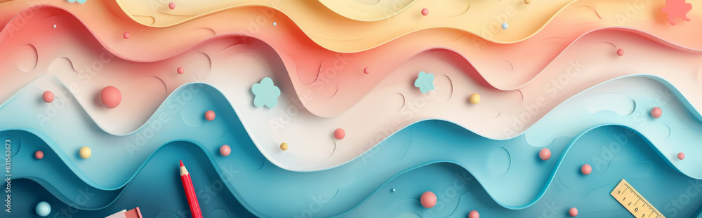 modern, minimalist education background featuring gradient waves in soft, contemporary colour schemes such as pastel blues and pinks. Integrate subtle, abstract icons of school supplies modern, minimalist education background featuring gradient waves in soft, contemporary colour schemes such as pastel blues and pinks. Integrate subtle, abstract icons of school supplies