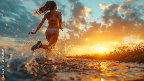 Woman Running in Sunset Waterscape Adventure