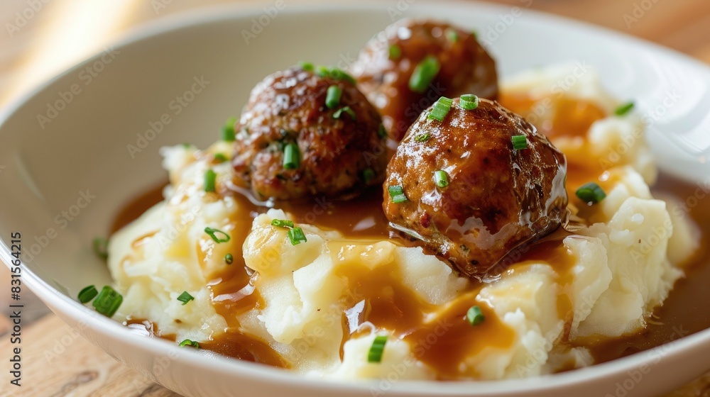 Mashed potatoes with meatball and gravy Mashed potatoes with meatball and gravy