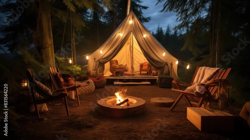 Illustration of outdoor camping, with a background of tents, beds, chairs and lanterns, in the middle of the forest.