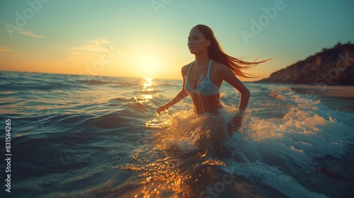Beach Sunset Woman Enjoying Ocean Waves