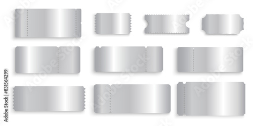 Set of silver ticket mockups. Shining metallic raffle, win lottery, coupon offer, jackpot lotto templates. Entrance or seating cards in luxury style isolated on white background. Vector illustration.