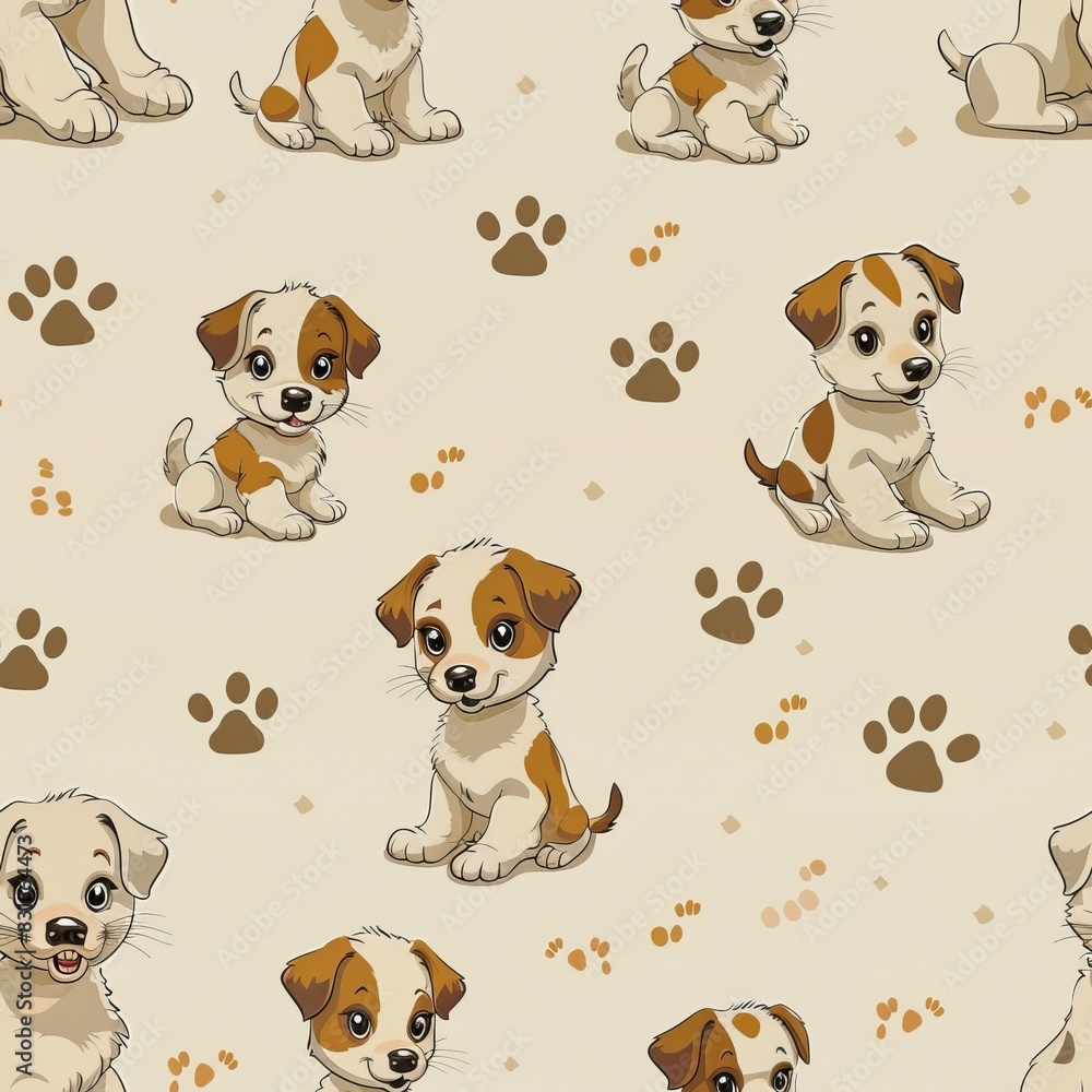Obraz premium Cute cartoon design dogs with paw prints seamless pattern vector illustration style