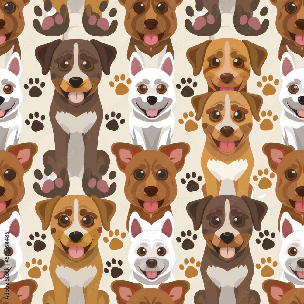 Obraz premium Cute cartoon design dogs with paw prints seamless pattern vector illustration style