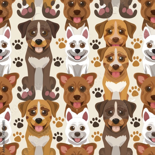 Cute cartoon design dogs with paw prints seamless pattern vector illustration style © Iuliia