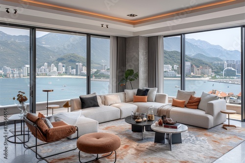 Modern living room with panoramic mountain views and luxurious furnishings, creating a bright and inviting environment perfect for relaxation and entertaining