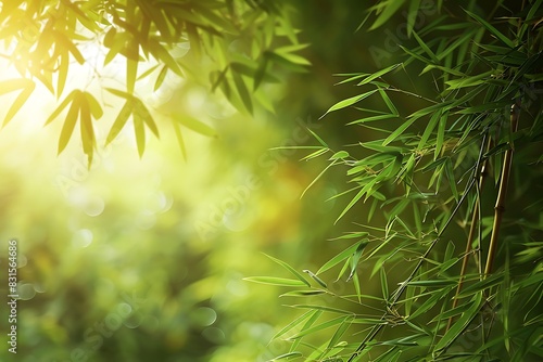 A dense bamboo forest with sunlight filtering through the leaves.